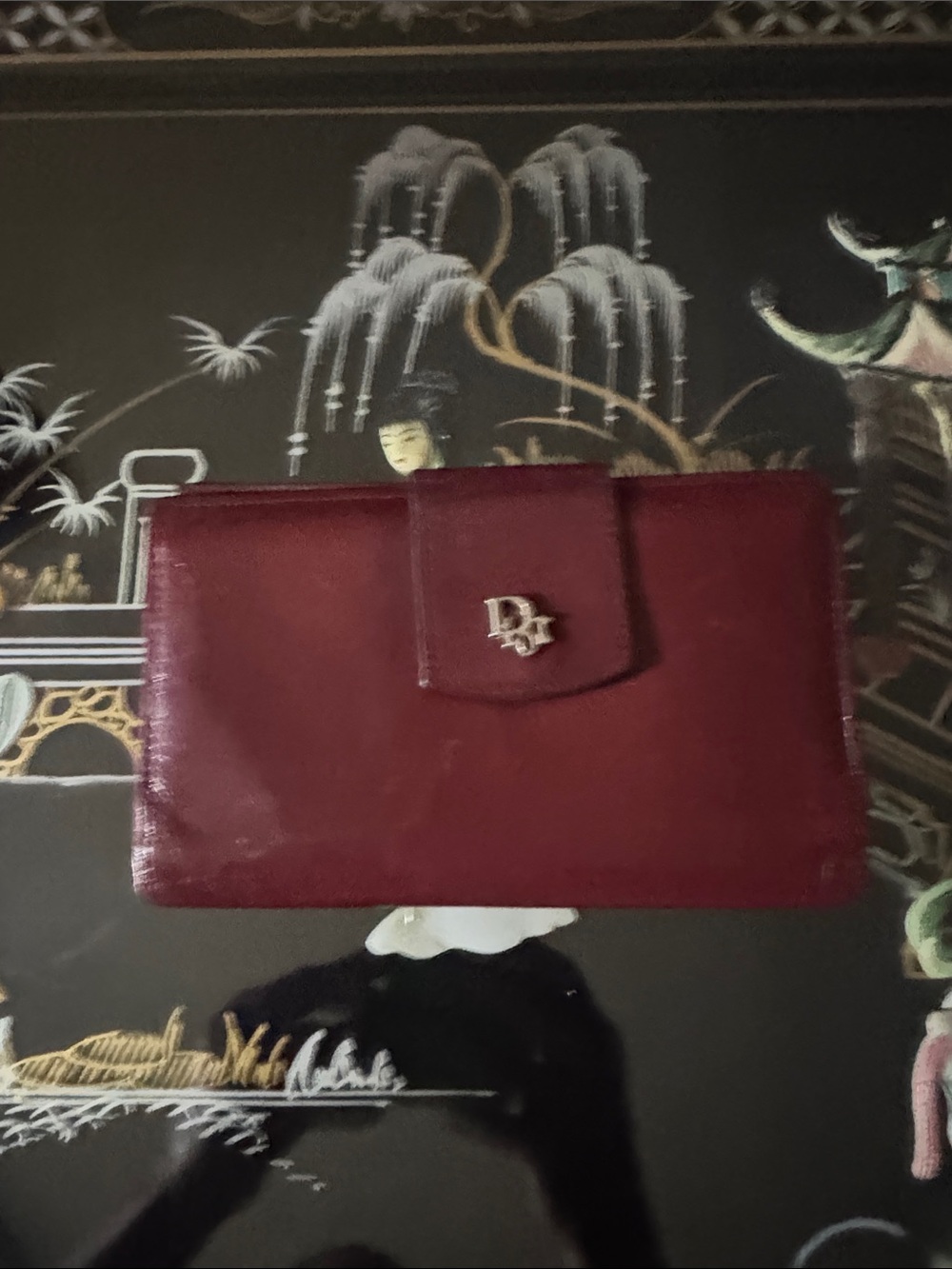 Vintage Christian Dior  Burgundy Leather Clutch Wallet with Metal Logo Accent